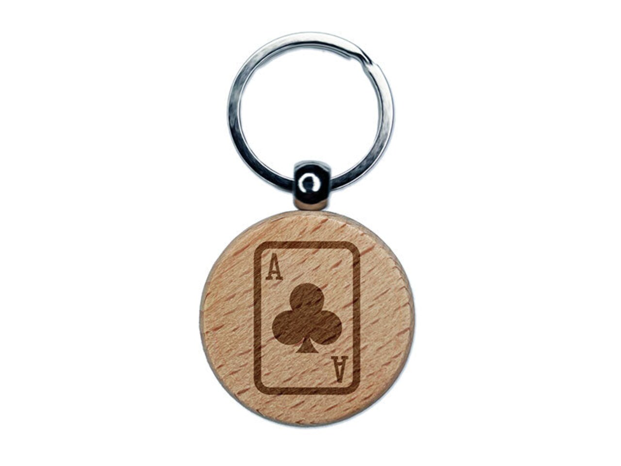 Playing Card Ace of Clubs Engraved Wood Round Keychain Tag Charm